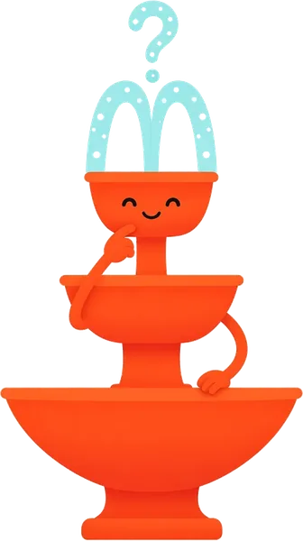 Atomo fountain mascot thinking, with a water-drop question mark above